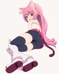 Rule 34 | 10s, 1girl, animal ears, ass, bike shorts, black thighhighs, boots, cat ears, cat tail, chisato (missing park), from behind, green eyes, gundam, gundam build divers, long hair, looking back, lying, on side, open mouth, pink hair, ponytail, red skirt, shirt, shorts, skirt, sleeveless, sleeveless shirt, smile, solo, tail, thigh boots, thighhighs, white footwear, white shirt, white thighhighs, yashiro momoka