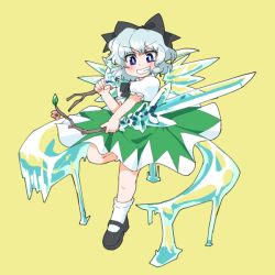 Rule 34 | &gt;:d, 1girl, :d, black footwear, blue eyes, blush, bow, cirno, color switch, cosplay, crystal sword, dress, dual wielding, flower, frozen, full body, green dress, grin, hair bow, holding, ice, ice wings, ini (inunabe00), ini phm, konpaku youmu, konpaku youmu (cosplay), leaf, leg up, looking at viewer, mary janes, open mouth, puffy short sleeves, puffy sleeves, shoes, short hair, short sleeves, silver hair, simple background, smile, socks, solo, stick, sword, teeth, touhou, v-shaped eyebrows, wavy hair, weapon, wings, yellow background