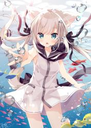 Rule 34 | 1girl, 2018, :o, air bubble, animal ears, bare arms, barefoot, black necktie, black ribbon, black sailor collar, blue eyes, blush, bubble, commentary request, cowboy shot, dated, dress, fish, floating hair, hair ribbon, highres, hoshi (snacherubi), long hair, looking at viewer, necktie, open mouth, original, outstretched arm, pocket, reaching, reaching towards viewer, ribbon, sailor collar, sailor dress, short dress, signature, sleeveless, sleeveless dress, solo, submerged, tail, tropical fish, twintails, underwater, water, white dress, white hair