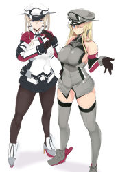Rule 34 | 2girls, absurdres, adjusting clothes, adjusting gloves, bismarck (kancolle), black legwear, black skirt, blonde hair, breasts, capelet, closed mouth, cross, elbow gloves, gloves, graf zeppelin (kancolle), grey legwear, hair between eyes, hat, headgear, highres, iron cross, kantai collection, large breasts, long hair, long sleeves, maruyaa (malya1006), military, military uniform, multiple girls, one eye closed, open mouth, pantyhose, peaked cap, pouch, shadow, sidelocks, simple background, skirt, standing, thighhighs, twintails, uniform, white background