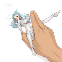 Rule 34 | 1girl, ahoge, apple inc., aqua eyes, aqua hair, bad id, bad pixiv id, blush, bodysuit, bouncing breasts, breasts, hand focus, large breasts, leg up, long hair, mini person, minigirl, mouse (computer), nucomas, one eye closed, open mouth, original, personification, simple background, solo focus, spread legs, wince