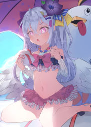 Rule 34 | 1girl, azusa (blue archive), azusa (swimsuit) (blue archive), beach umbrella, bikini, blue archive, blush, bow, crossed bangs, elxion, flower, frilled bikini, frills, hair between eyes, hair bow, hair flower, hair ornament, jewelry, long hair, necklace, peroncho, solo, star-shaped pupils, star (symbol), stuffed animal, stuffed toy, swimsuit, symbol-shaped pupils, umbrella, white hair