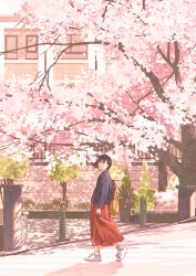 Rule 34 | 1girl, arm at side, backpack, bag, black hair, blue jacket, building, cherry blossoms, dappled sunlight, day, gemi, highres, jacket, looking at viewer, original, outdoors, plant, potted plant, red skirt, scenery, shoes, short hair, skirt, sneakers, solo, standing, sunlight, white footwear, window