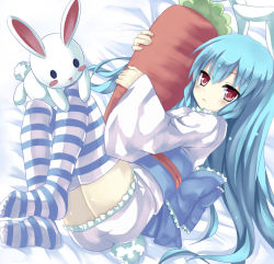 Rule 34 | 1girl, animal ears, blue hair, feet, fetal position, hugging object, long hair, mizumidori, new year, original, pillow, pillow hug, rabbit ears, rabbit tail, red eyes, solo, striped clothes, striped thighhighs, stuffed animal, stuffed rabbit, stuffed toy, tail, thighhighs