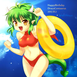 Rule 34 | 1girl, 2017, arm up, artist name, bikini, blue sky, breasts, brown eyes, character name, clenched hands, cloud, collarbone, compile, dated, draco centauros, dragon girl, dragon horns, dragon tail, fang, green hair, halterneck, happy birthday, highres, horns, innertube, looking at viewer, madou monogatari, medium breasts, navel, pixiv id 215454, pointy ears, puyopuyo, red bikini, sega, short hair, sky, smile, solo, swim ring, swimsuit, tail, text focus, twitter username, wings