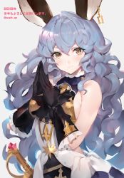 Rule 34 | 1girl, 2019, animal ears, backless outfit, bare arms, bare shoulders, black dress, black gloves, blue hair, blush, breasts, closed mouth, commentary request, dress, earrings, erune, eyebrows, ferry (granblue fantasy), frilled gloves, frilled shirt collar, frills, gloves, granblue fantasy, grey background, hands up, highres, hoop earrings, jewelry, kotoyoro, light, long hair, looking at viewer, medium breasts, new year, own hands together, rabbit ears, sideboob, simple background, single earring, sleeveless, sleeveless dress, smile, solo, sword, translated, twitter username, upper body, watao, wavy hair, weapon, white dress, yellow eyes
