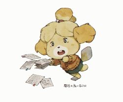 Rule 34 | 1girl, animal crossing, blue eyes, blush, blush stickers, bright pupils, brown cardigan, buttons, cardigan, commentary request, dog girl, furry, furry female, green skirt, highres, isabelle (animal crossing), kaji (oni atat), long sleeves, nintendo, open mouth, paper, paper stack, papers, pencil skirt, rock, simple background, skirt, solo, surprised, teeth, topknot, translation request, tripping, upper teeth only, white background, white pupils, wide-eyed