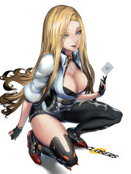 Rule 34 | 1girl, animal print, arm at side, armor, asymmetrical legwear, black bra, black gloves, black legwear, blonde hair, blue eyes, bra, breasts, card, chain, cleavage, closed mouth, closers, copyright name, corset, dog print, doge, full body, gloves, gluteal fold, greaves, half gloves, harpy (closers), highres, jewelry, kumiko shiba, large breasts, lipstick, long hair, looking at viewer, makeup, mole, mole under eye, parted bangs, pendant, shirt, short shorts, shorts, simple background, smile, solo, squatting, underwear, uneven legwear, very long hair, white background, white shirt