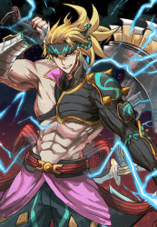 Rule 34 | 1boy, abs, absurdres, biceps, cowboy shot, fate/grand order, fate (series), fighting stance, headband, sakata kintoki (heian warrior attire) (fate), highres, large pectorals, lightning bolt symbol, looking at viewer, male focus, muscular, muscular male, official alternate costume, over shoulder, pectorals, sakata kintoki (fate), single bare shoulder, single sleeve, smile, solo, tsugu0302, weapon, weapon over shoulder