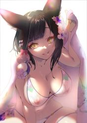 Rule 34 | 1girl, animal ears, asymmetrical bangs, backlighting, bikini, black hair, blue archive, breasts, cleavage, covered erect nipples, ebitop, flower, fox ears, hair flower, hair ornament, highres, holding, holding towel, large breasts, long hair, navel, see-through, sitting, slit pupils, smile, solo, string bikini, swimsuit, teeth, towel, wakamo (blue archive), wakamo (swimsuit) (blue archive), wet, wet clothes, yellow eyes