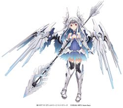 Rule 34 | armored boots, bare shoulders, black thighhighs, blue dress, blue hair, boots, breasts, closed mouth, commentary request, copyright notice, covered navel, dress, elbow gloves, full body, gloves, grey footwear, grey gloves, hair between eyes, headpiece, highres, holding, holding weapon, itsuwari alice, joints, knee boots, long hair, makadamixa, mechanical wings, medium breasts, multicolored hair, official art, over-kneehighs, red eyes, robot joints, silver hair, simple background, sleeveless, sleeveless dress, solo, standing, thighhighs, two-tone hair, two side up, very long hair, watermark, weapon, white background, wings