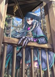 Rule 34 | 1girl, blue capelet, blue cloak, blue hair, blue skirt, blue sky, boots, braid, bridge, brooch, brown footwear, capelet, cloak, cross-laced footwear, day, diamond brooch, fantasy, highres, jewelry, lace-up boots, long hair, looking at viewer, muzuspark, original, outdoors, prosthesis, prosthetic hand, railing, red eyes, shadow, skirt, sky, solo, thigh boots, thighhighs, windmill