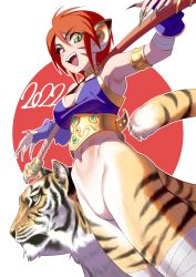 Rule 34 | absurdres, breasts, breath of fire, breath of fire ii, cleavage, fingernails, from below, green eyes, happy, highres, long fingernails, okita ababa, red hair, rinpoo chuan, staff, tiger