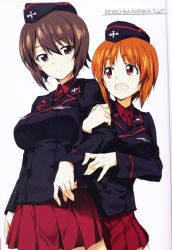Rule 34 | 10s, 2girls, :d, alternate costume, holding another&#039;s arm, brown eyes, brown hair, cowboy shot, dress shirt, garrison cap, girls und panzer, hat, highres, holding own arm, jacket, kurashima tomoyasu, long sleeves, looking at another, matching outfits, military, military uniform, miniskirt, multiple girls, nishizumi maho, nishizumi miho, official art, open mouth, pleated skirt, red shirt, red skirt, scan, shirt, short hair, siblings, sisters, skirt, smile, standing, uniform