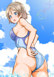 Rule 34 | 1girl, ass, blue eyes, breasts, brown hair, cloud, competition swimsuit, highres, large breasts, looking at viewer, love live!, love live! sunshine!!, medium breasts, mikan ame q, one-piece swimsuit, short hair, sideboob, solo, swimsuit, thighs, watanabe you, water