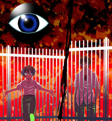 Rule 34 | 2boys, blue eyes, brown hair, chain-link fence, evil smile, fence, hand in pocket, male focus, mamiya takuji, minakami yukito, multiple boys, outstretched arms, school uniform, short hair, smile, tsui no sora