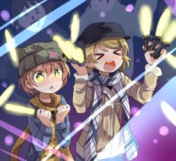 Rule 34 | &gt; &lt;, 10s, 2girls, :d, > <, animal hat, beanie, between fingers, blonde hair, blush, brown hair, cat hat, clenched hands, closed eyes, concert, crowd, glowstick, green eyes, hat, holding, hoshizora rin, koizumi hanayo, love live!, love live! school idol festival, love live! school idol project, multiple girls, nonowa, open mouth, scarf, shipii (jigglypuff), short hair, smile, sparkling eyes, star-shaped pupils, star (symbol), symbol-shaped pupils, x x, xd, yellow eyes