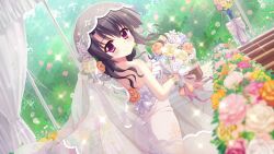Rule 34 | 1girl, bare arms, bare shoulders, black hair, blurry, blurry foreground, blush, bouquet, breasts, bridal veil, bride, closed mouth, curtains, dot nose, dress, dutch angle, film grain, floral print, flower, from behind, game cg, hair flower, hair ornament, holding, holding bouquet, ichikishima mizuha, indoors, izumi tsubasu, looking at viewer, looking back, medium breasts, medium hair, non-web source, official art, orange flower, orange rose, pink flower, pink rose, purple eyes, re:stage!, red flower, red rose, rose, rose bush, see-through veil, smile, solo, sparkle, stairs, strapless, strapless dress, tile floor, tiles, veil, wedding, wedding dress, white dress, white flower, white rose, window, yellow flower, yellow rose