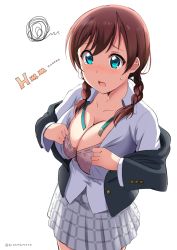 Rule 34 | 10s, 1girl, absurdres, artist name, bad id, bad pixiv id, black jacket, blue eyes, blush, braid, breasts, brown hair, cleavage, collarbone, emma verde, freckles, grey skirt, highres, huge breasts, jacket, long hair, long sleeves, love live!, love live! nijigasaki high school idol club, love live! school idol festival, nijigasaki school uniform, nose blush, off shoulder, open clothes, open jacket, open shirt, plaid, plaid skirt, pleated skirt, school uniform, shirt, simple background, siokazunoko, skirt, solo, squiggle, standing, tareme, tearing up, tears, twin braids, twitter username, undersized clothes, upper body, white background, white shirt