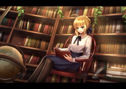 Rule 34 | 1girl, ahoge, artoria pendragon (all), artoria pendragon (fate), bad id, bad pixiv id, black pantyhose, blonde hair, blouse, book, fate/stay night, fate (series), globe, green eyes, highres, letterboxed, meaomao, open book, pantyhose, plant, reading, saber (fate), shirt, sitting, skirt, solo