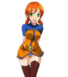 Rule 34 | 1girl, arms behind back, belt, dress, gluteal fold, green eyes, happy, leaning forward, looking at viewer, m.u.g.e.n, orange hair, panties, pantyshot, shinzaki maria, short twintails, simple background, smile, solo, the king of fighters, the king of fighters 2003, thighhighs, twintails, underwear, white background, zettai ryouiki