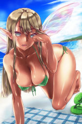 Rule 34 | 1girl, all fours, barefoot, beach, bikini, blonde hair, breasts, cleavage, coracola, day, fairy, front-tie top, green bikini, green eyes, highres, large breasts, long hair, looking at viewer, open mouth, original, outdoors, pointy ears, sandals, shoes, unworn shoes, side-tie bikini bottom, solo, swimsuit, tan, water, wings