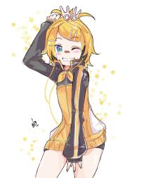 Rule 34 | 1girl, aqua eyes, bandaid, bandaid on face, bandaid on nose, blonde hair, blush, buruma, flat chest, green nails, grin, hair bobbles, hair ornament, hairclip, hand up, headphones, highres, jacket, kagamine rin, looking at viewer, multicolored clothes, multicolored jacket, official alternate costume, one eye closed, project diva (series), rabbit hair ornament, short hair, skinny, smile, stylish energy (module), track jacket, two-tone jacket, vocaloid, vorusan (volver39), yellow jacket