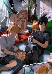 Rule 34 | 1girl, 2boys, absurdres, bare shoulders, black hair, blonde hair, can, casual, cat, chainsaw man, chips (food), crossed legs, denji (chainsaw man), drink can, feet, food, hayakawa aki, highres, holding, holding phone, indoors, kyuuba melo, looking at viewer, multiple boys, open mouth, pants, phone, photo (object), pillow, potato chips, power (chainsaw man), recording, sharp teeth, shirt, short ponytail, sitting, smile, soda can, t-shirt, tank top, teeth