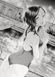 Rule 34 | 1girl, :d, ass, back, bad id, bad twitter id, blush, breasts, greyscale, kickboard, long hair, looking at viewer, looking back, mole, mole under mouth, monochrome, nakajima ryou, night, one-piece swimsuit, open mouth, original, pool, pool ladder, poolside, smile, solo, swimsuit, teeth, water, wet