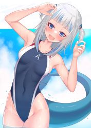 Rule 34 | 1girl, armpits, blue eyes, blue hair, blue one-piece swimsuit, blunt bangs, blush, breasts, claw pose, clothes writing, collarbone, commentary request, competition swimsuit, cowboy shot, fins, fish tail, gawr gura, hair ornament, highleg, highleg swimsuit, highres, hololive, hololive english, leaning to the side, long hair, looking at viewer, multicolored clothes, multicolored hair, multicolored swimsuit, navel, one-piece swimsuit, open mouth, shark girl, shark hair ornament, shark tail, sharp teeth, silver hair, solo, streaked hair, striped clothes, striped one-piece swimsuit, swimsuit, swimsuit writing, tail, teeth, two side up, upper teeth only, vertical-striped clothes, vertical-striped one-piece swimsuit, virtual youtuber, yoshiheihe