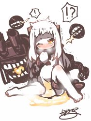 Rule 34 | !, !?, 10s, 1girl, abyssal ship, bare legs, barefoot, blush, colored skin, commentary request, covered mouth, crying, dress, full body, horns, kantai collection, long hair, mittens, nanateru, northern ocean princess, pale skin, pee, peeing, peeing self, shaking, simple background, solo, tears, trembling, white hair, white skin, yellow eyes