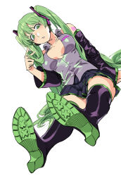 Rule 34 | 1girl, boots, breasts, breasts apart, detached sleeves, dutch angle, green eyes, green hair, grey shirt, twirling hair, hatsune miku, high heel boots, high heels, highres, long hair, looking at viewer, miniskirt, on floor, parted lips, pleated skirt, purple thighhighs, ruukii drift, shirt, simple background, sitting, skirt, soles, solo, thigh boots, thighhighs, unbuttoned, unbuttoned shirt, v, very long hair, vocaloid, white background