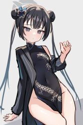 Rule 34 | 1girl, bare shoulders, black hair, blazer, blue archive, blush, breasts, china dress, chinese clothes, covered navel, double bun, dragon print, dress, grey eyes, groin, hair bun, highres, jacket, kisaki (blue archive), long hair, looking at viewer, nonddu, off shoulder, sitting, small breasts, solo, twintails