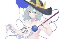 Rule 34 | 1girl, dna, dripping, eyeball, green eyes, green hair, hat, hat ribbon, highres, holding, kanji, komeiji koishi, looking at viewer, nude, ououren, ribbon, signature, smile, stitched eye, stitches, third eye, touhou, translated, upper body, wavy hair, white background