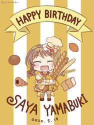 Rule 34 | 1girl, :d, ^ ^, alternate hairstyle, artist name, baguette, bang dream!, blush stickers, braid, bread, brown hair, character name, chef hat, chibi, chocolate cornet, closed eyes, dated, dress, closed eyes, facing viewer, food, frilled dress, frills, happy birthday, hat, highres, jack (jacknoeaka), open mouth, smile, solo, twin braids, yamabuki saya
