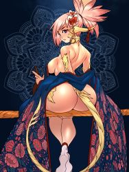Rule 34 | 1girl, ass, au ra, bare shoulders, blue kimono, breasts, cheunchin, commentary, commission, crossed ankles, dragon girl, dragon horns, dragon tail, english commentary, final fantasy, final fantasy xiv, flower, from behind, hair flower, hair ornament, highres, horns, japanese clothes, kimono, large breasts, legs together, looking back, nail polish, naked kimono, no bra, no panties, off shoulder, open clothes, open kimono, pink hair, ponytail, print kimono, purple eyes, scales, sideboob, sitting, socks, solo, tail, wide sleeves