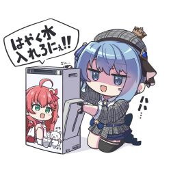 1girl 35p_(sakura_miko) a_attoo black_gloves black_thighhighs blue_eyes blue_hair character_print chibi chibi_only gloves grey_jacket hat hololive hoshimachi_suisei hoshimachi_suisei_(1st_costume) humidifier jacket kneeling open_mouth partially_fingerless_gloves plaid_clothes plaid_hat plaid_jacket sakura_miko sakura_miko_(1st_costume) shaded_face solo speech_bubble star_(symbol) star_in_eye symbol_in_eye thighhighs virtual_youtuber white_background