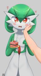 Rule 34 | 1girl, absurdres, among us eyes (meme), artist name, blush, blush stickers, bob cut, breasts, cake, cake slice, colored skin, cowboy shot, creatures (company), dated, disembodied hand, female focus, food, fork, fruit, game freak, gardevoir, gen 3 pokemon, green hair, green skin, grey background, hair between eyes, hand on another&#039;s cheek, hands up, head tilt, heart, highres, holding, holding food, holding plate, looking at viewer, meme, multicolored skin, nintendo, open mouth, plate, pokemon, pokemon (creature), pov, red eyes, sembem, short hair, signature, simple background, small breasts, solo focus, standing, straight-on, strawberry, tears, two-tone skin, white skin