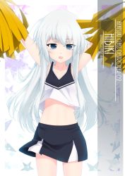 Rule 34 | 1girl, alternate costume, armpits, arms up, artist name, blue eyes, character name, cheering, cheerleader, cowboy shot, crop top, crop top overhang, hibiki (kancolle), highres, holding, holding pom poms, inaba shiki, kantai collection, long hair, looking at viewer, midriff, miniskirt, navel, pleated skirt, pom pom (cheerleading), pom poms, shirt, silver hair, skirt, sleeveless, sleeveless shirt, solo