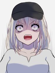 1girl absurdres bang_dream! bang_dream!_it&#039;s_mygo!!!!! baseball_cap black_hat blonde_hair breasts commentary_request hair_between_eyes hat highres medium_breasts misumi_uika open_mouth purple_eyes sandman_(gm4zfijcwbz3g4y) shirt solo teeth upper_teeth_only white_shirt wide-eyed