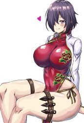Rule 34 | 1girl, arm support, arms behind back, black lagoon, breasts, chinese clothes, cosplay, covered navel, hair over one eye, heart, highres, large breasts, legs, purple eyes, purple hair, shenhua, shenhua (cosplay), shishimura koro, short hair, sitting, smile, solo, taimanin (series), taimanin rpgx, thick thighs, thighs, weapon