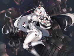 Rule 34 | 10s, 1girl, abyssal ship, ass, bad id, bad pixiv id, bare shoulders, breasts, claws, damaged, detached sleeves, dress, glowing, highres, horns, kantai collection, large breasts, long hair, looking at viewer, machinery, pale skin, reaching, reaching towards viewer, red eyes, ribbed dress, seaport princess, short dress, sideboob, single horn, sinking, sodeya itsuki, solo, sweater, sweater dress, thighs, torn clothes, white hair