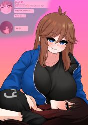 Rule 34 | 2girls, absurdres, blue eyes, breast rest, breasts, brown hair, clothes writing, english text, gradient background, grin, heavy (the only shoe), highres, huge breasts, lip biting, long hair, mole, mole under mouth, multiple girls, original, parted lips, red eyes, red hair, simple background, smile, teeth, text messaging, the only shoe, tisha tsuu, yuri