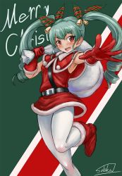 Rule 34 | 10s, 1girl, alternate costume, anchovy (girls und panzer), armpits, bad id, bad pixiv id, bell, blush, boots, breath, christmas, drill hair, fur-trimmed boots, fur trim, girls und panzer, gloves, green hair, hair bell, hair ornament, highres, long hair, looking at viewer, merry christmas, open mouth, outstretched arms, outstretched hand, pantyhose, red eyes, red footwear, sack, santa boots, santa costume, signature, sleeveless, smile, solo, solokov (okb-999), twin drills, twintails, white pantyhose
