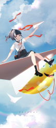 Rule 34 | absurdres, balloon, black hair, blue eyes, cloud, cloudy sky, cocoil 82, flying, highres, non-web source, original, paper airplane, sky, smile