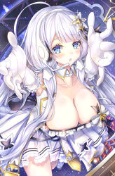 Rule 34 | 1girl, azur lane, bin murasaki, blue eyes, breasts, cleavage, collar, detached collar, dress, elbow gloves, gloves, headphones, highres, idol, illustrious (azur lane), illustrious (muse) (azur lane), large breasts, long hair, looking at viewer, low tied hair, mole, mole under eye, official alternate costume, pleated skirt, skirt, solo, very long hair, white collar, white dress, white gloves, white hair, white skirt