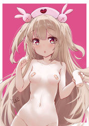 Rule 34 | 1girl, :o, absurdres, artist name, bandaid, bandaids on nipples, blush, breasts, brown hair, collarbone, groin, hair between eyes, hat, highres, long hair, medium breasts, natori sana, navel, nude, nurse cap, out-of-frame censoring, pale skin, pasties, pink background, red eyes, sana channel, simple background, solo, two side up, very long hair, virtual youtuber, yue (qtxyjiang)
