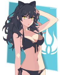 Rule 34 | 1girl, :o, absurdres, animal ears, arm up, bikini, black bikini, black hair, blake belladonna, breasts, cat ears, cat girl, front-tie top, highres, large breasts, long hair, navel, open mouth, rwby, solo, stomach, swimsuit, wavy hair, zackmyst