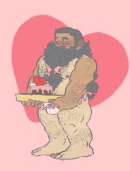 Rule 34 | 1boy, bara, beard, beard bow, belly, blush, bow, bowtie, brown hair, bulge, cake, dungeon meshi, dwarf, facial hair, fake horns, fat, fat man, food, frilled underwear, hairy, half-closed eyes, heart, heart background, helmet, highres, holding, holding cake, holding food, horned helmet, horns, large feet, long beard, looking at viewer, male focus, navel hair, nipples, pectorals, pink background, senshi (dungeon meshi), shy, sideways glance, solo, standing, tan, teratodentata, thick arm hair, thick chest hair, thick leg hair, thick mustache, topless male, very long beard