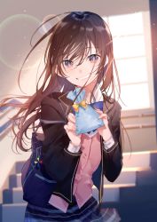 Rule 34 | 1girl, :d, backlighting, bag, bag charm, black jacket, blazer, blue bow, blue bowtie, blue skirt, bow, bowtie, brown eyes, brown hair, charm (object), cowboy shot, grin, highres, holding, holding bag, indoors, jacket, lens flare, long hair, long sleeves, looking at viewer, miniskirt, miwano rag, open clothes, open jacket, open mouth, original, pink vest, plaid, plaid skirt, pleated skirt, school bag, skirt, smile, solo, stairs, teeth, vest, window, yellow bow
